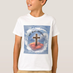 He Has Risen Rugged Cross With Clouds T-Shirt