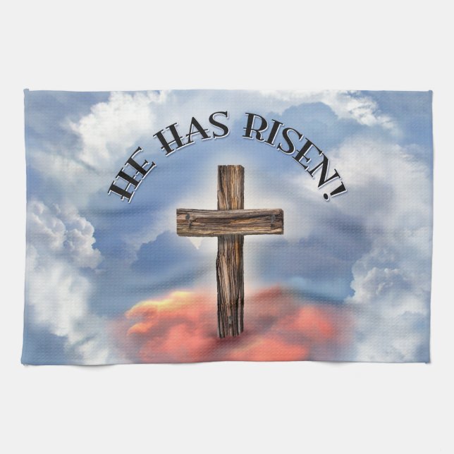 He Has Risen Rugged Cross With Clouds Tea Towel (Horizontal)
