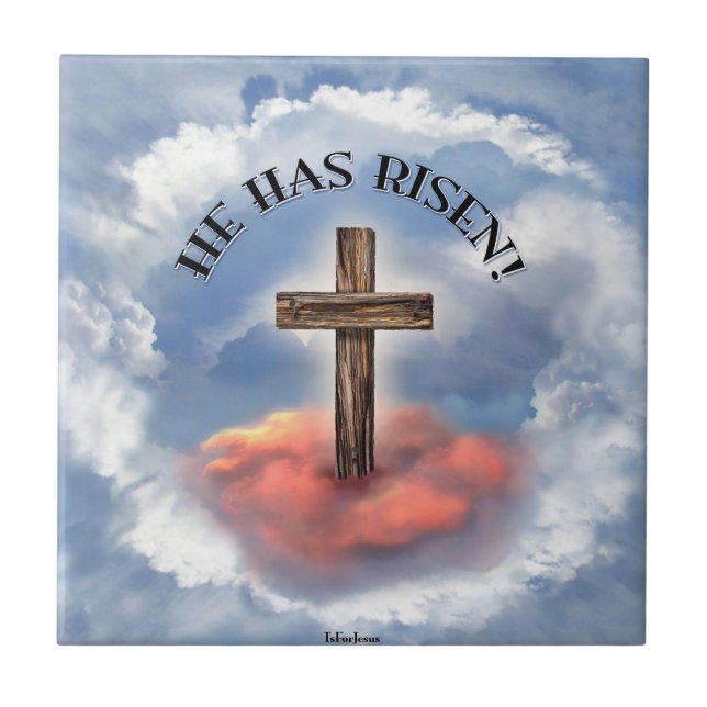 He Has Risen Rugged Cross With Clouds Tile (Front)