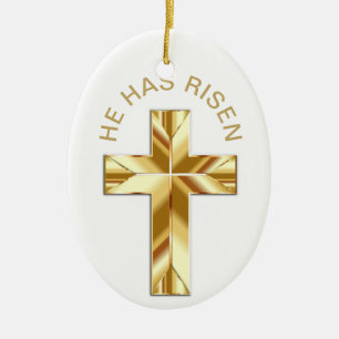 He Has Risen White Religious Golden Cross Easter Ceramic Tree Decoration
