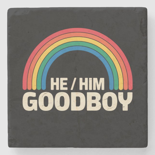 He Him Good Boy Rainbow LGBTQ Gay Pride Ally Stone Coaster (Front)