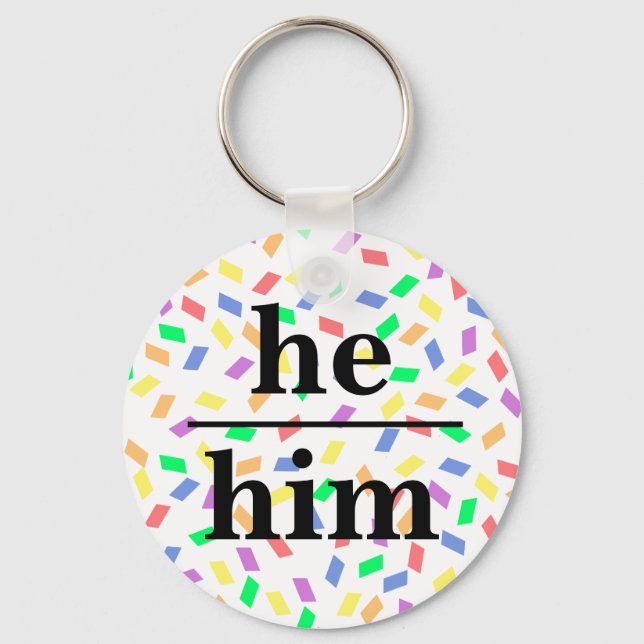 He him pastel rainbow sprinkles pronoun  key ring (Front)