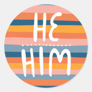 HE/HIM Pronouns Stripes Handlettering Sheet of  Classic Round Sticker
