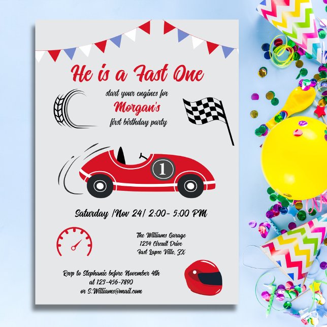 He is a Fast One Festive Red Race Car Birthday Invitation (Creator Uploaded)