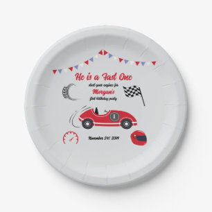 He is a Fast One Festive Red Race Car Birthday Paper Plate