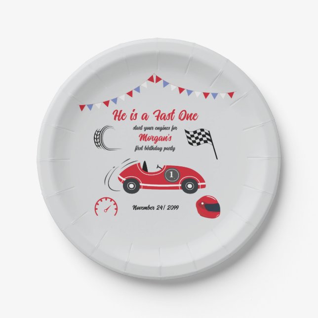 He is a Fast One Festive Red Race Car Birthday Paper Plate (Front)
