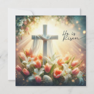 He Is Risen Blue Cross with Lilies Holiday Card