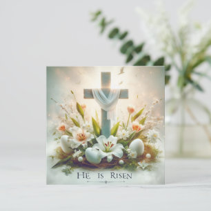 He Is Risen Blue Cross with Lilies Holiday Card