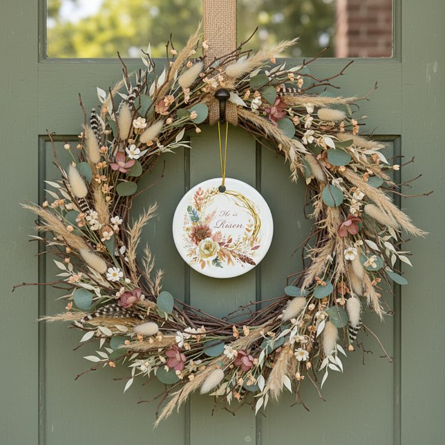 He is Risen boho floral wreath Easter Ceramic Tree Decoration (Creator Uploaded)
