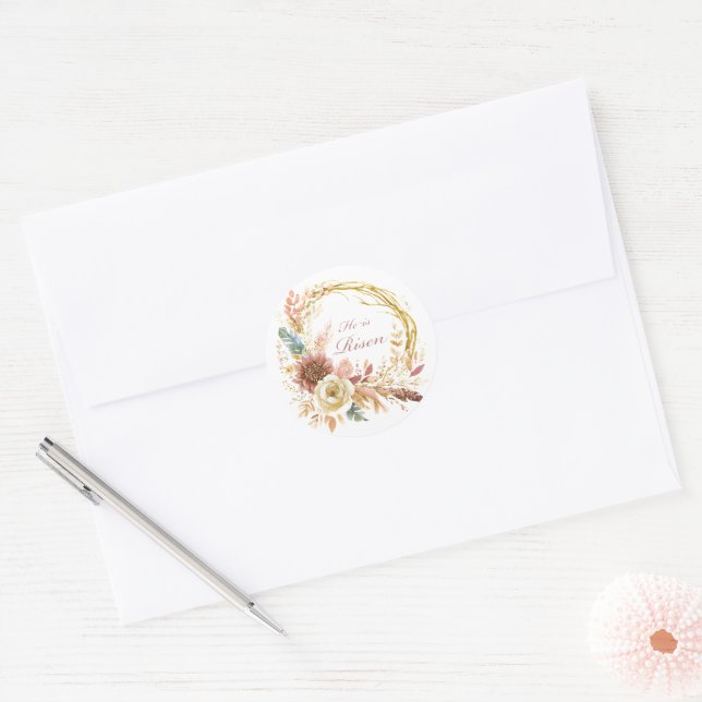 He is Risen boho floral wreath Easter Classic Round Sticker (Envelope)