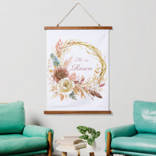 He is Risen boho floral wreath Easter Hanging Tapestry