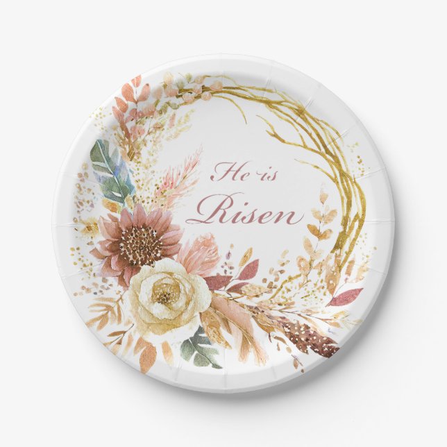 He is Risen boho floral wreath Easter Paper Plate (Front)