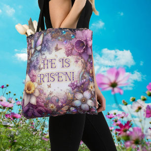 He Is Risen Butterflies Purple Floral Easter  Tote Bag