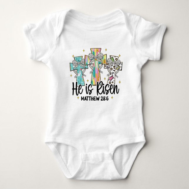 He is Risen Christian Easter Bible Verse Baby Bodysuit (Front)