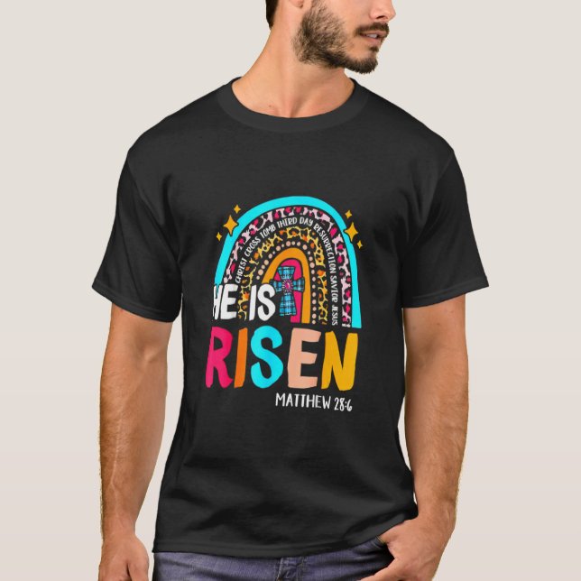 He Is Risen Christian Jesus  Rainbow Easter Day T-Shirt (Front)