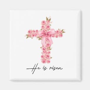 He Is Risen Coquette Bow Floral Cross Faith Easter Magnet