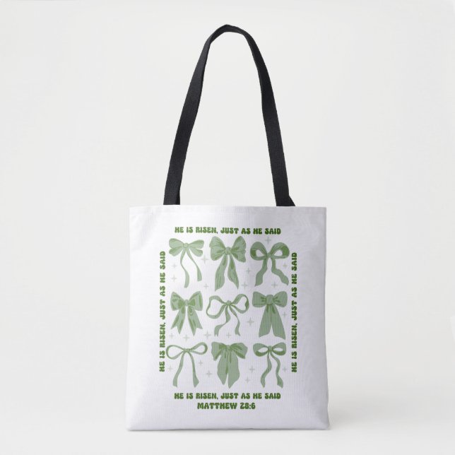 He is Risen, Croquette Bow Green Floral Tote Bag (Front)
