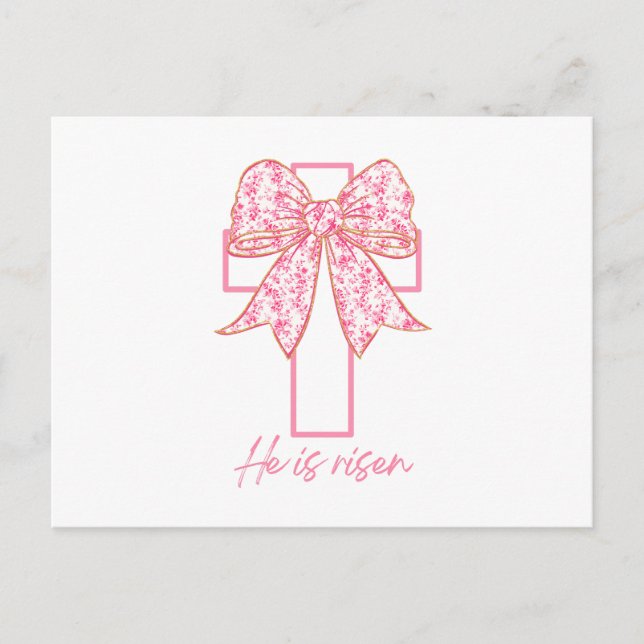 He Is Risen Cross Easter Floral Coquette Bow  Postcard (Front)