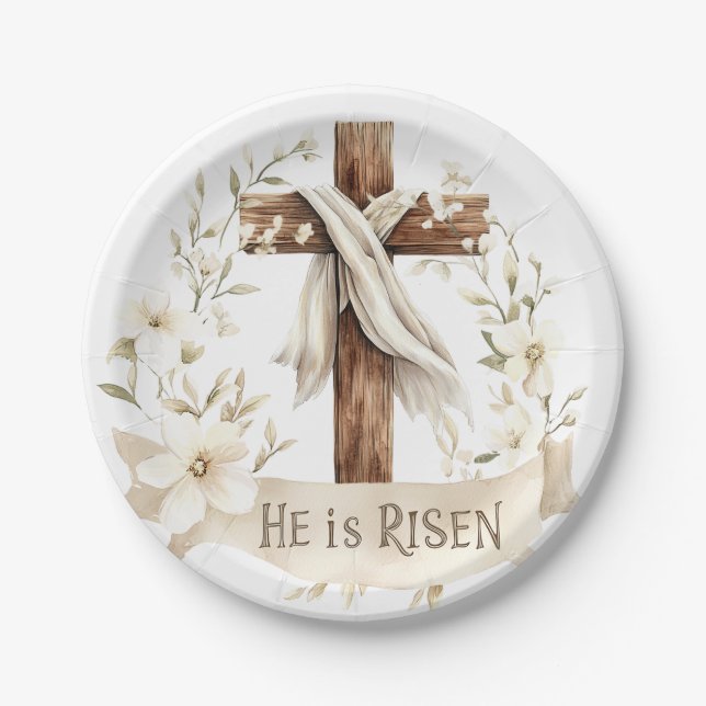 He is Risen Cross | Easter Paper Plate (Front)