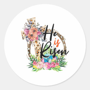 He Is Risen Cross Jesus Easter Christians Leopard  Classic Round Sticker