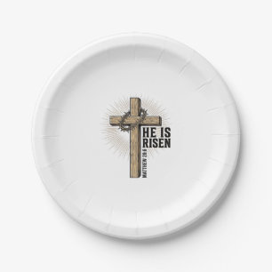 He Is Risen Cross Matthew 28_6 Vintage Christian D Paper Plate