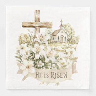 He is Risen   Cross with Church Easter Napkin