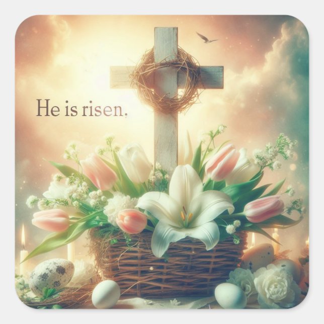 He is Risen Cross with Crown of Thorns Square Sticker (Front)