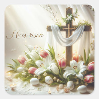 He is Risen Cross with Easter Lilies Square Sticker
