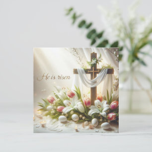 He Is Risen Cross with Lilies and Tulips Holiday Card
