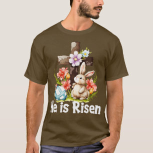 He Is Risen Cute Bunny Christianity Cross T-Shirt