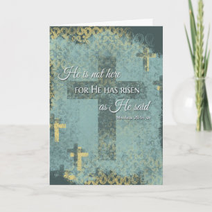 He is Risen! Easter cross & bible verse on distres Holiday Card