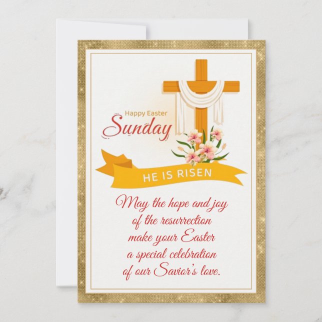 He Is Risen Easter Cross, Flowers, Elegant Easter Announcement (Front)