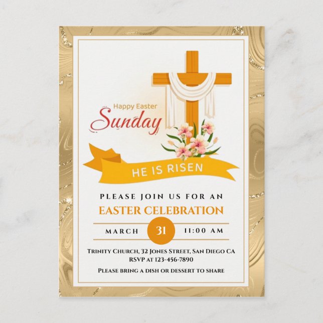 He Is Risen Easter Cross, Flowers, Elegant Easter Holiday Postcard (Front)