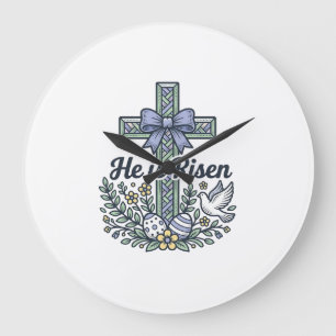 He Is Risen Easter Cross Vintage Vector Large Clock