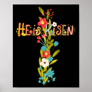 He Is Risen Easter Cross Wildflowers Christian Rel Poster