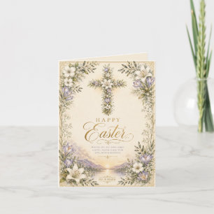He Is Risen Easter, Elegant Floral Cross Christian Holiday Card