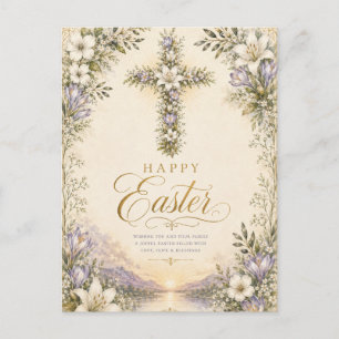 He Is Risen Easter, Elegant Floral Cross Christian Holiday Postcard