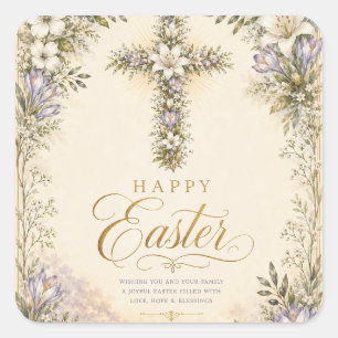 He Is Risen Easter, Elegant Floral Cross Christian Square Sticker