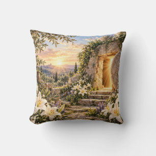 He Is Risen Easter Empty Tomb Lily Throw Pillow
