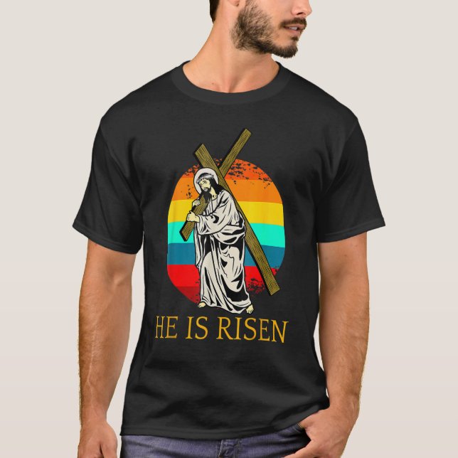 He Is Risen Easter Jesus Christian Sunset Retro Cr T-Shirt (Front)