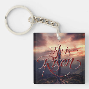 He is Risen Easter Script Cross Key Ring