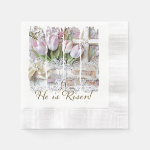 He is Risen Easter Tulip Cross Christian Vintage Napkin