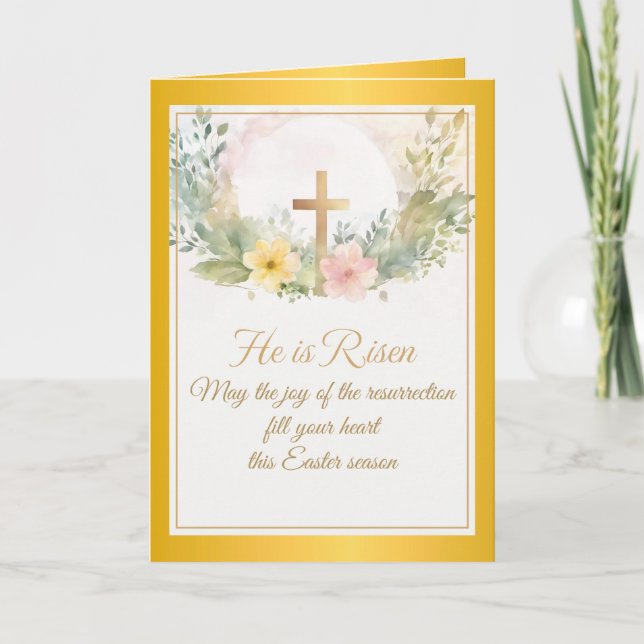 He Is Risen Easter Watercolor Flowers, Religious Note Card (Front)