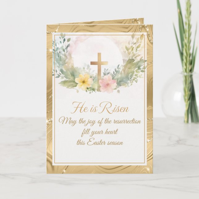 He Is Risen Easter Watercolor Flowers, Religious Note Card (Front)