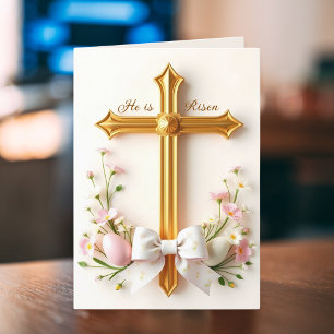 He Is Risen Floral Catholic Cross Religious Easter Holiday Card