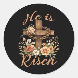 He Is Risen Floral Cross Christian Vintage Happy E Classic Round Sticker