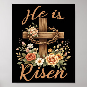 He Is Risen Floral Cross Christian Vintage Happy E Poster