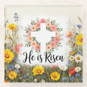 He Is Risen Floral Cross Easter Christian Glass Coaster