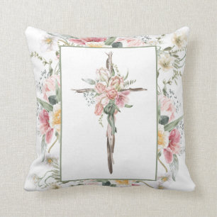 He is Risen Floral Cross Easter Resurrection Cushion
