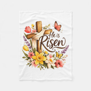 He is Risen Floral Cross Religious Easter Fleece Blanket